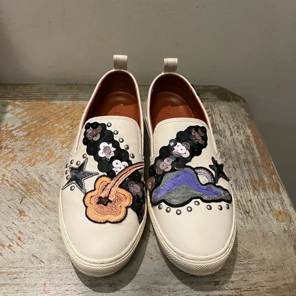 Coach Women’s Sz 11 White Leather Slip On Sneakers Star Embellishment Sequin - Picture 2 of 12
